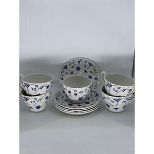 MYOTT FINLANDIA Vintage Swirl Rim Fine Staffordshire Ware 10pc Saucer & Cup